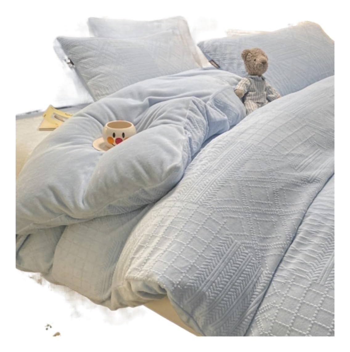Parure de lit double en velours corail bleu drap-housse double face 4 pièces