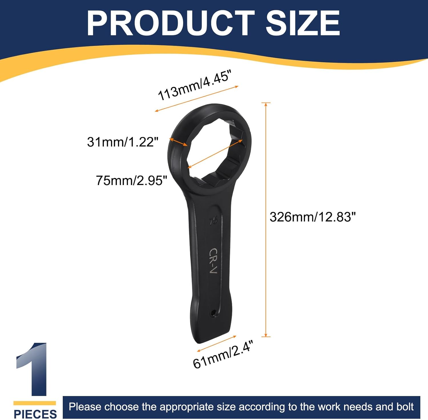 HARFINGTON Box End Striking Ring Wrench 75mm Metric CR-V Steel 12-Point Flat Strike Wrench Baking Paint Single Head Spanner Hand Tool for Mechanical Automotive Repair