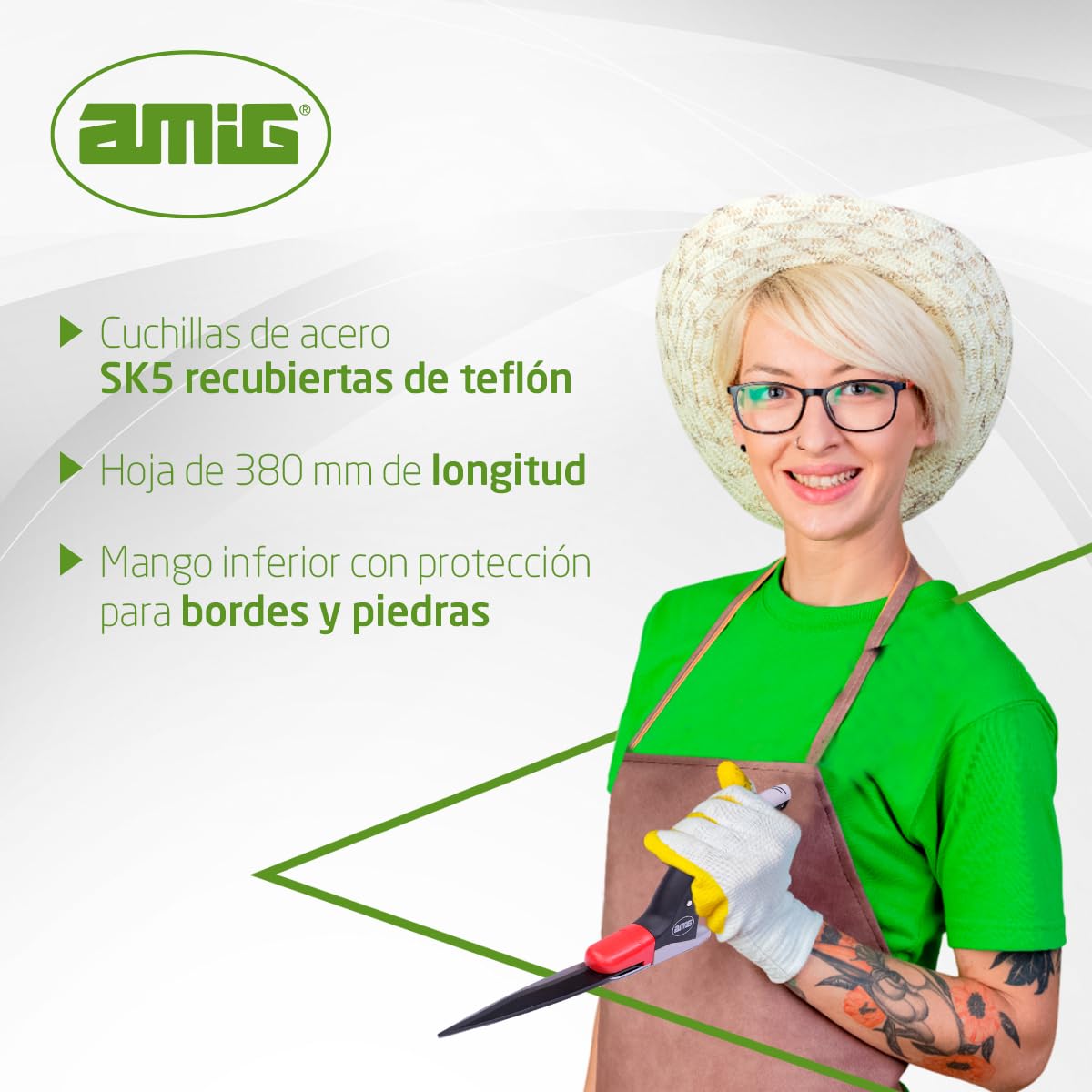 Amig - Tijera Cortacésped - Cuchillas de Acero SK5 Recubiertas de Teflón - Hoja de 380 mm - Cabeza de Corte Giratoria 360º - Mango Inferior con Protección para Bordes y Piedras - Para Podar