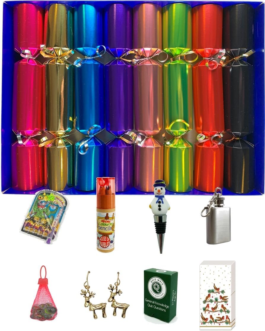 Crackers Ltd Set of 8 Bright Metallic Family Christmas Crackers - hand filled in UK gifts for all the family