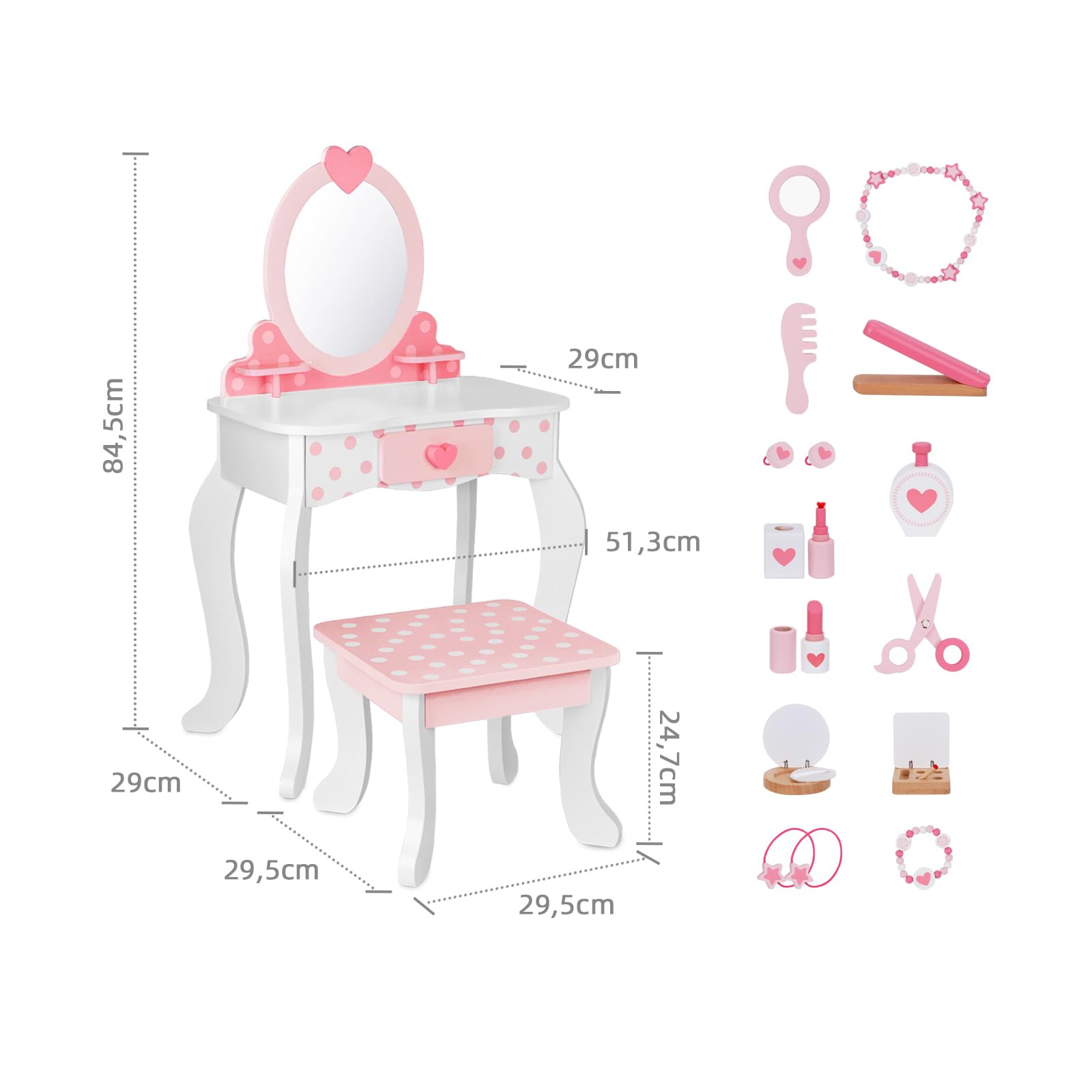 OOOK Schminktisch-Set für Kinder, Schminktisch-Set mit Tisch und Stuhl und Spiegel (beinhaltet 15 Verschiedene Make-up-Accessoires, Pink)