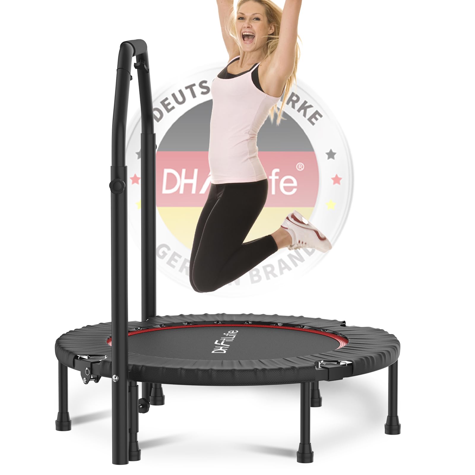 DH FitLife Fitness Indoor Trampolin klappbar mit vormontierter Sprungmatte | Ø102 cm 40 Zoll Mini Trampoline | 150 kg belastbar | 4-Fach Verstellbarer Handgriff | stabil & leise