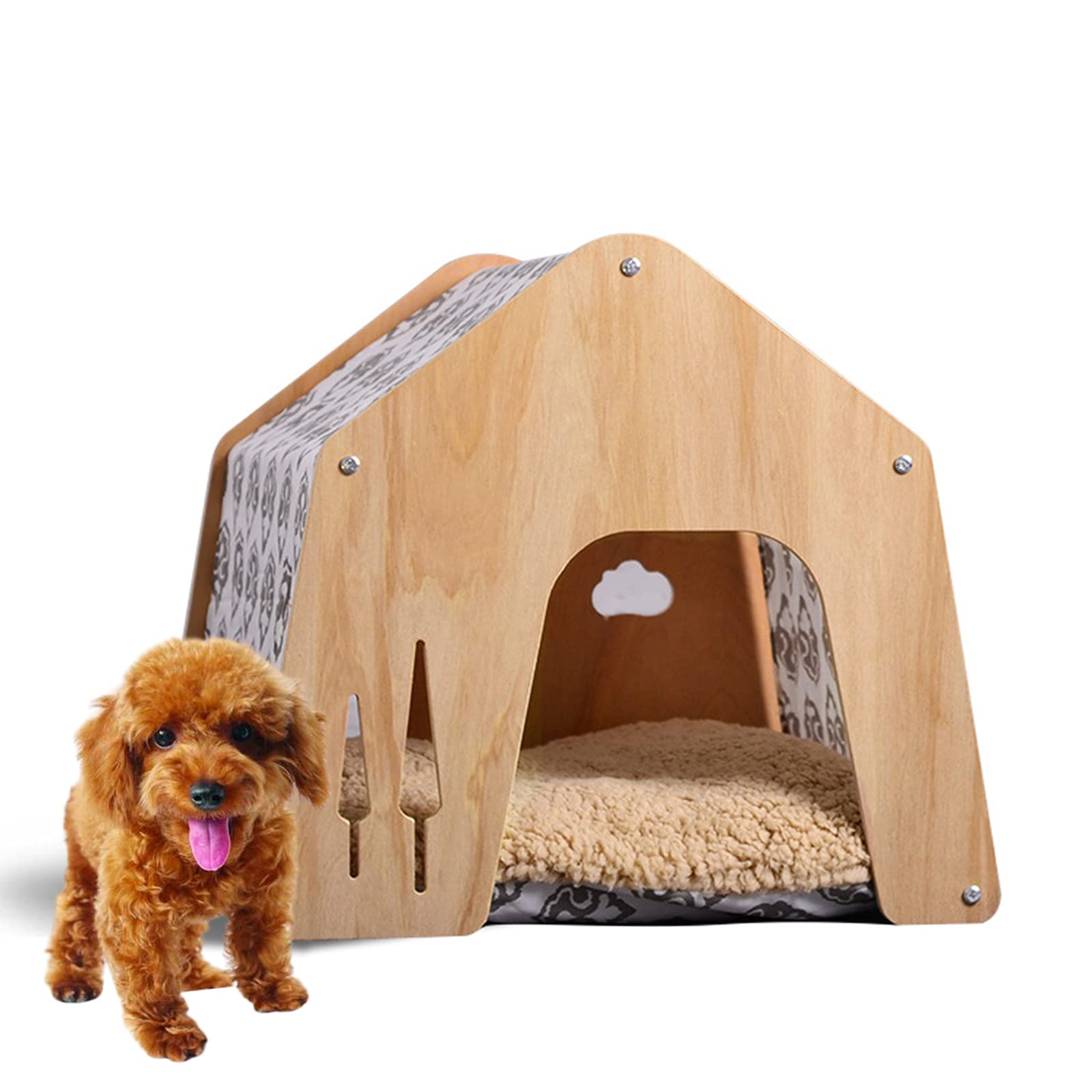 PPGE Home Caseta de Perro Pequeño, Casa Perro Madera Interior, Cama Perro, Cama Cueva Perro, Casetas para Perros, Casa para Gatos con Cojín Removibles, para Perros Pequeños, para Interiores
