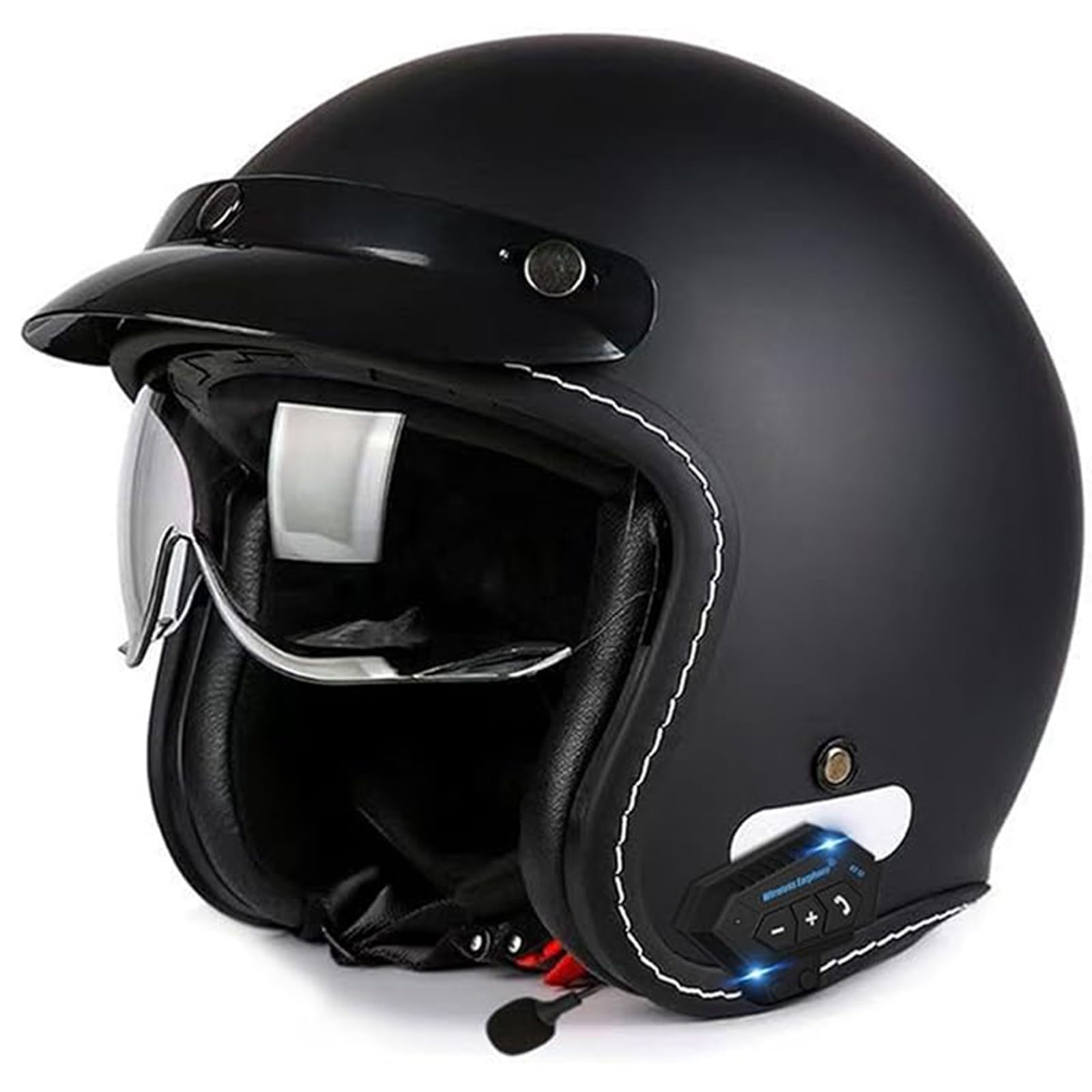 Casque Jet Moto Vintage Bluetooth avec visière, Demi-Casque Scooter, Casque Scooter pour Hommes et Femmes, certifié ECE A,XL61-62CM