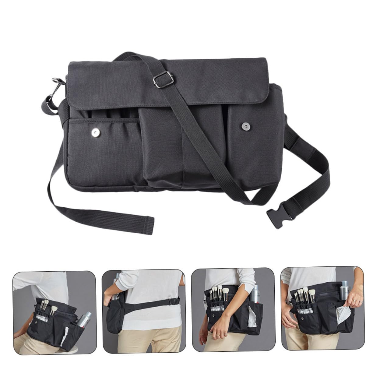 Borsa da Viaggio in Tela Nera Cinturino per Pennelli Cosmetici, Organizer Pratico e Compatto per Trucco in Movimento