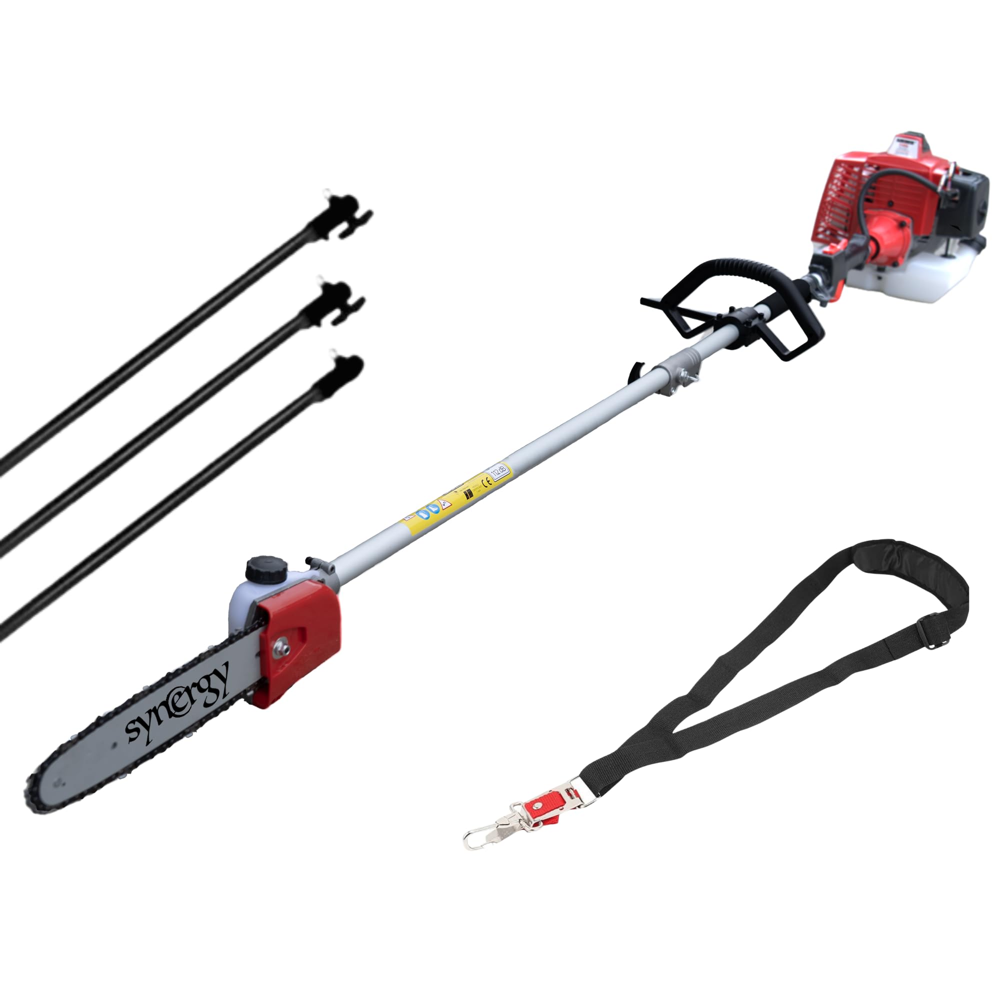 Synergy Podadora de Altura a Gasolina 65cc 4,9CV, Motor 2 Tiempos, Espada 25cm, 3 Extensiones y Correa de Soporte Profesional