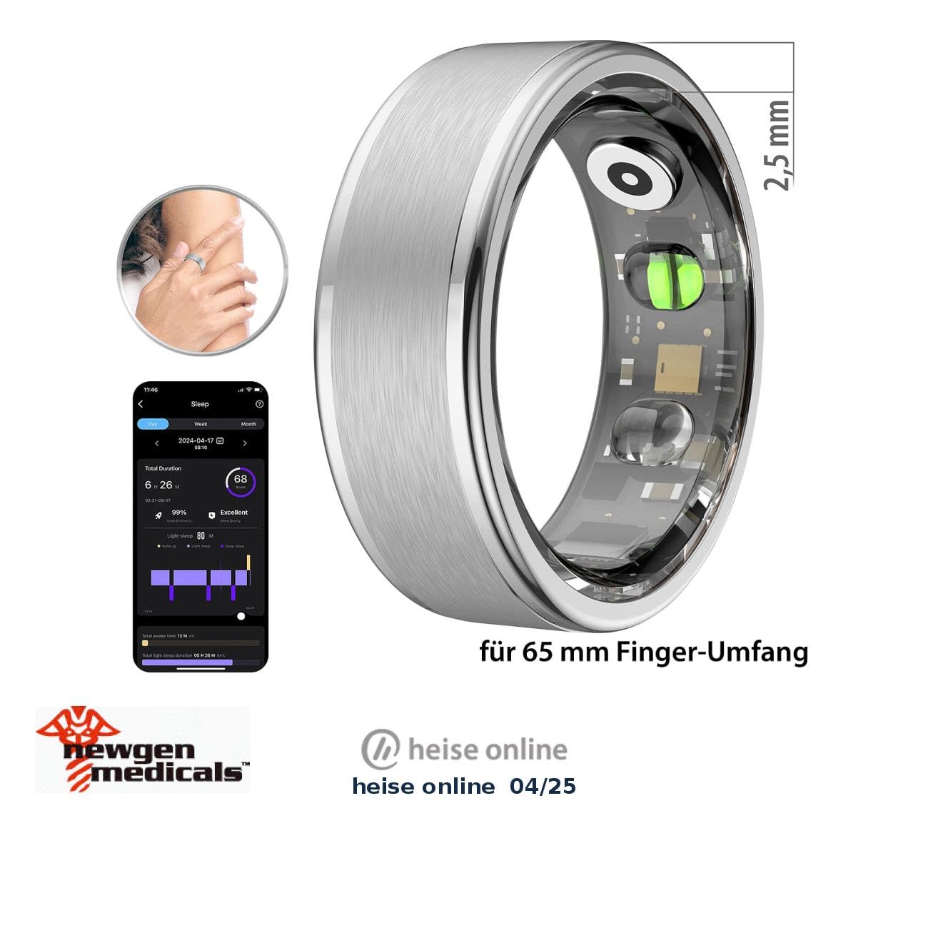 Newgen Medicals Smart Ring: Fitnesstracker-Ring, Sp02, Herzfrequenz, Schlafanalyse, Silber, Gr. 65 (Fitness-Tracker-Smart, Gesundheitsmonitor, Gr)