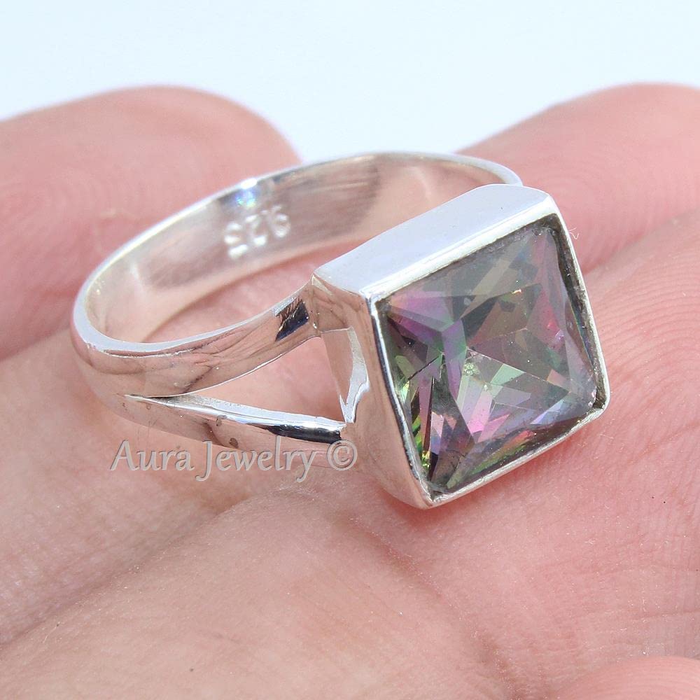 Anillo de plata esterlina fina para mujer Anillo de topacio místico natural Anillo de compromiso de plata esterlina Conjunto de bisel Anillo de piedras preciosas