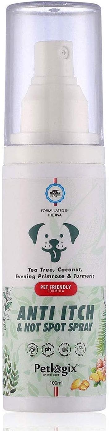 Petlogix Natural Anti Itch & Hot Spot Spray with Tea Tree & Evening Primrose Antibacterial Formula for Pet Dogs Cats Mineral Oil, SLS & Paraben Free, 100ml