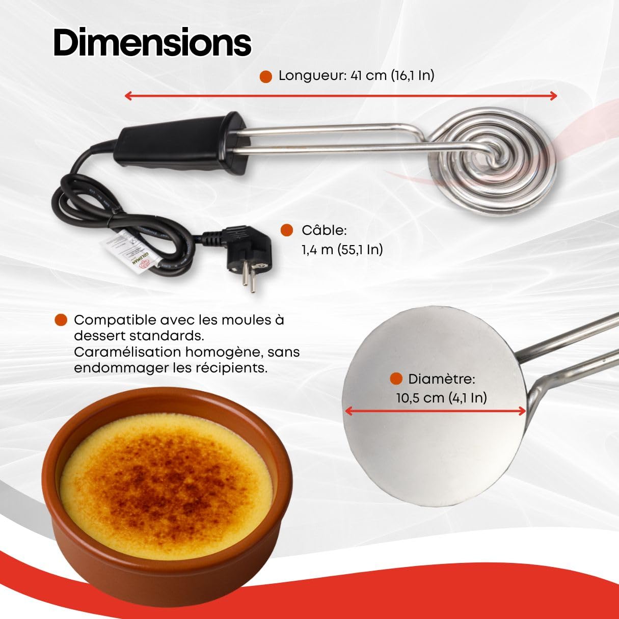 GOLDMAN SERVICE Brûleur à sucre électrique rond | 900 W en acier inoxydable | Pelle pour crème catalane et desserts | Pâtisserie professionnelle sans flamme