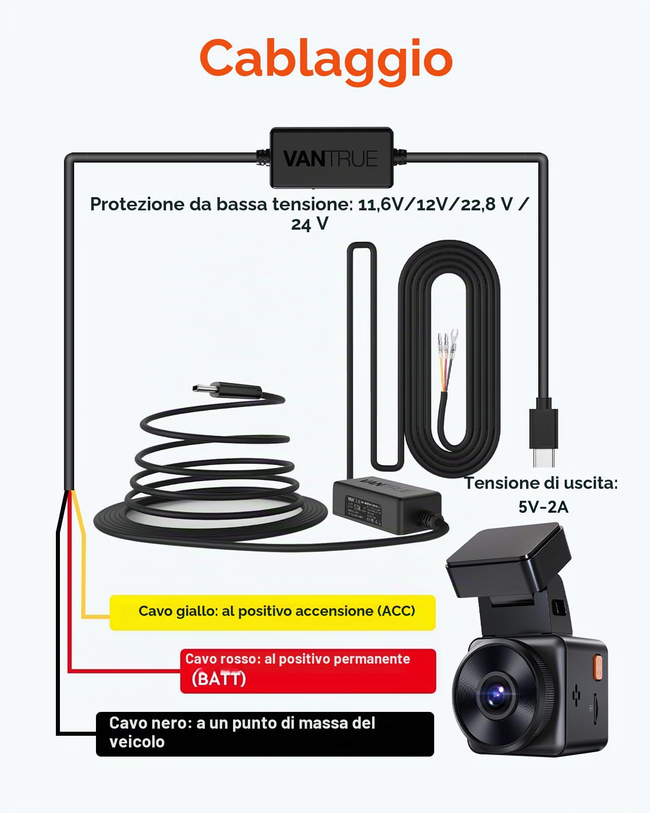 VANTRUE N5S Telecamere Auto STARVIS 2, 4 canali Dash Cam 2.7K+ Dual 1080P+ 1440P anteriore, interno e posteriore,VANTRUE Kit cablaggio USB-C regolabile con 2 stadi per Dashcam N5/N4/E3/E2/E1/N2S/N2 Pr