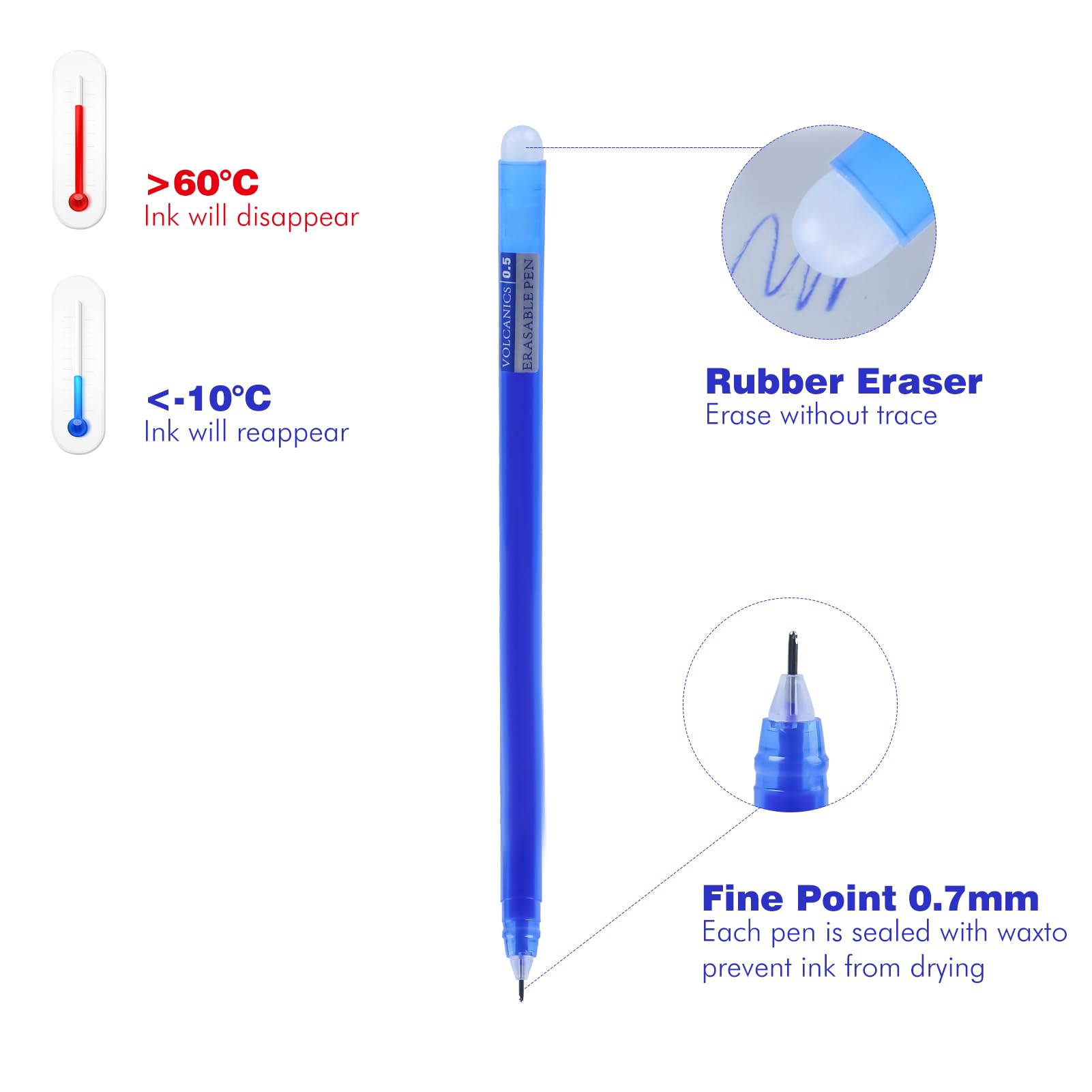 Volcanics Erasable Gel Pens 30 Pack Blue 0.5 mm Thin Pens for notes Smooth Writing & Easy Erasing Ideal for School Office - Image 3