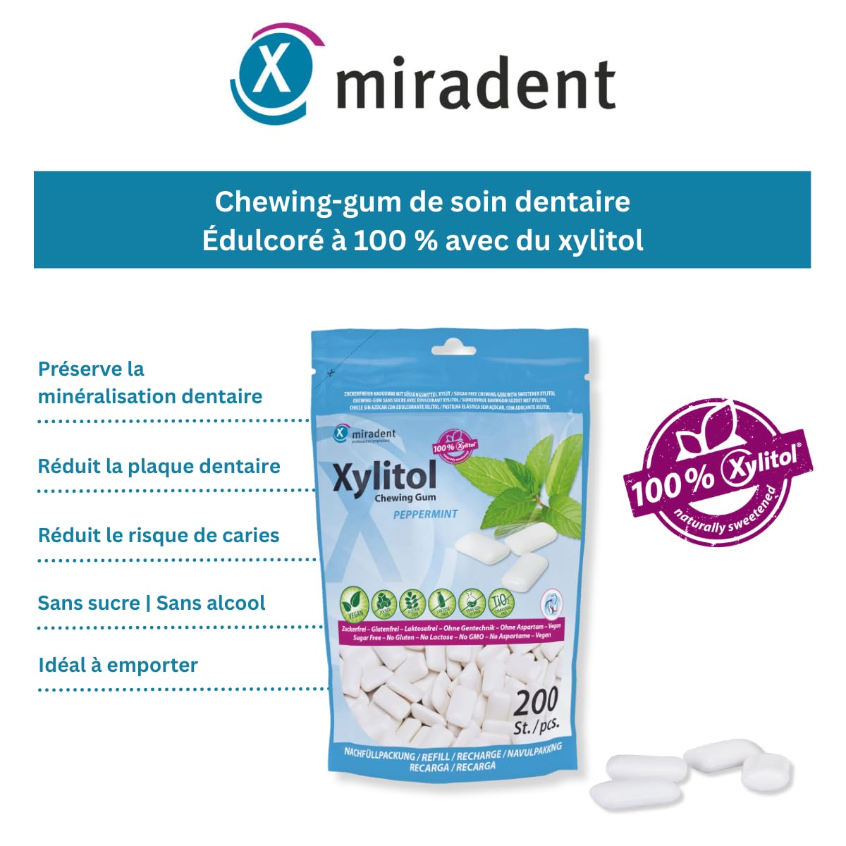 Miradent Chewing-gum dentaire au xylitol Pack économique 200 pcs goût Menthe poivrée sans sucre vegan