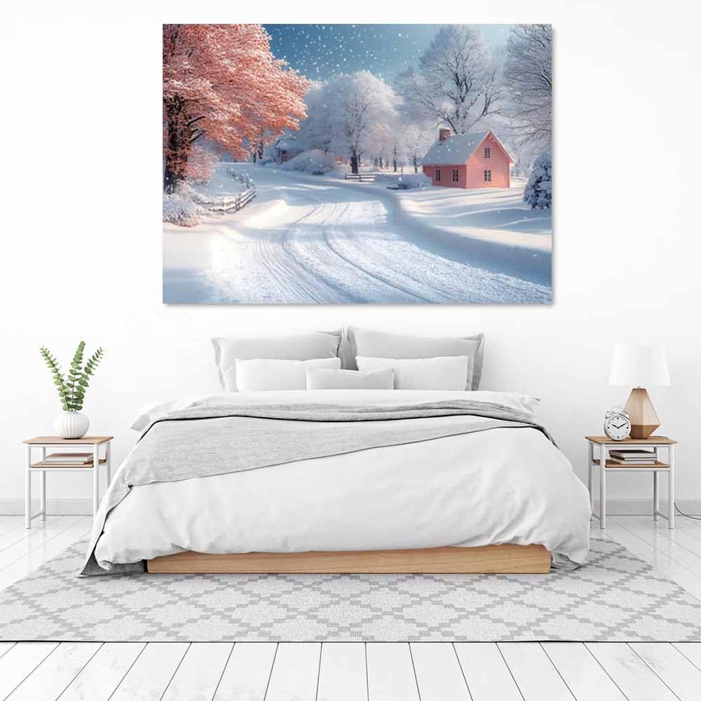 QUSAAOU Bilder Wohnzimmer Modern Rosafarbene Winterhütte bei Schneefall Moderne FüR Das Wohnzimmer Auf Leinwand Wandbilder Affiches Murales Pour La Maison(Pink)-40x60cm Gerahmt