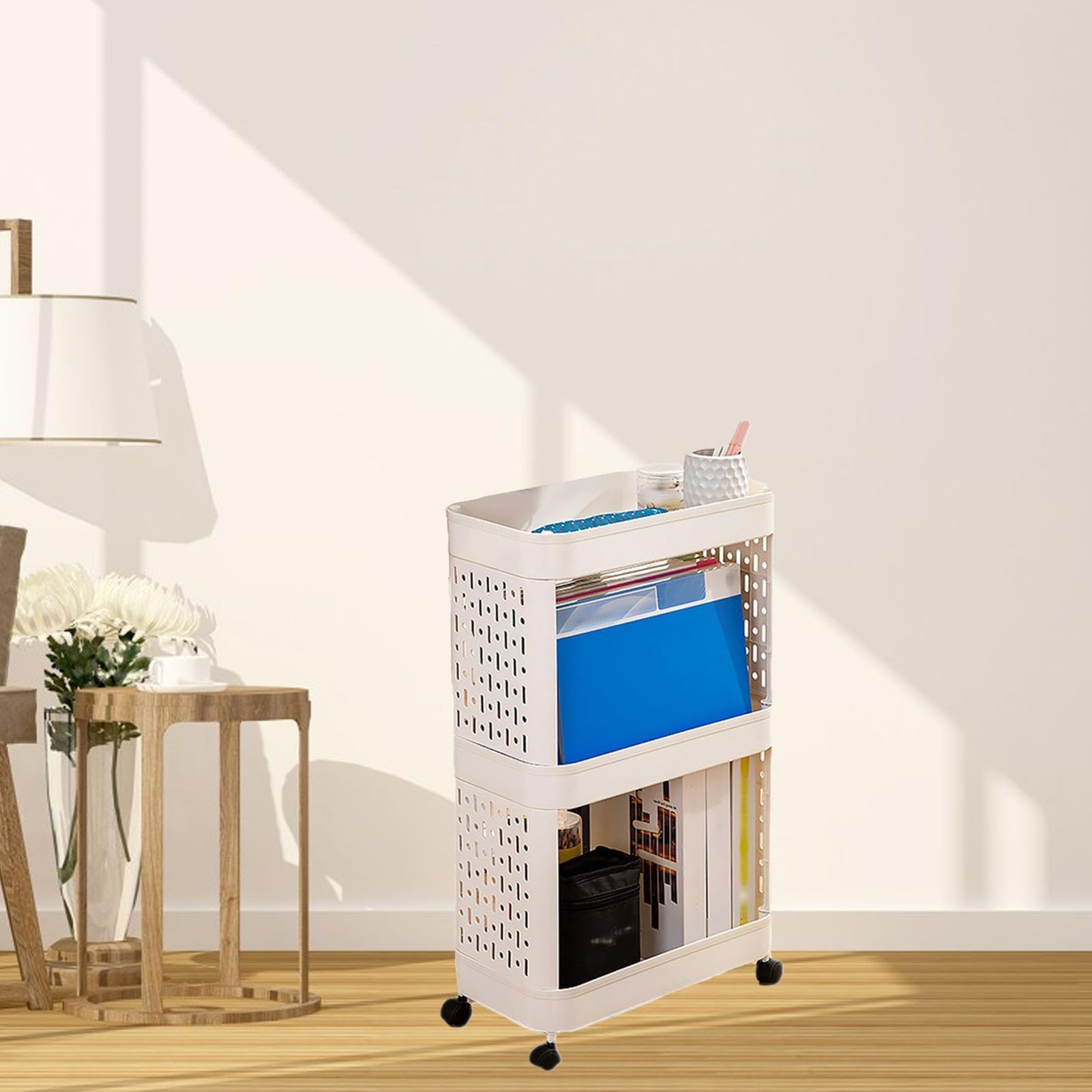 Scaffale per libri mobile in plastica con ruote, carrello portaoggetti sottile con rotelle a 2/3/4 livelli Carrello per libreria mobile per stoccaggio, aula, cucina, 3 livelli
