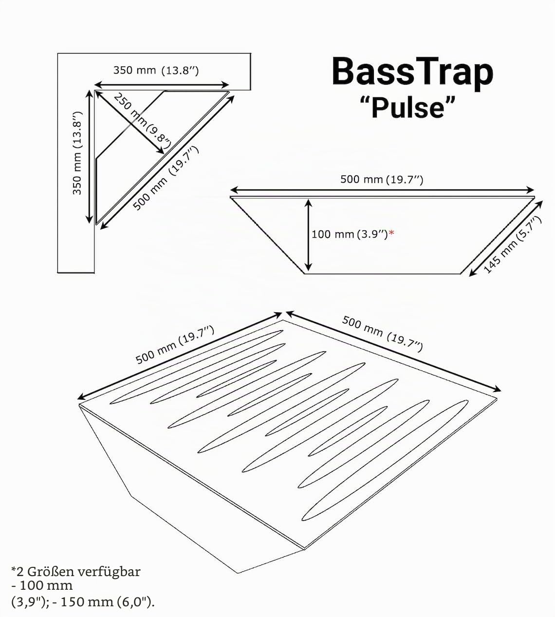 4er-Pack – Akustik-Eck-Bassfalle | 50x50x10cm | Akustikbehandlung für Aufnahmestudios | Schalldämmung - Absorption - Diffusion - Reflexion | Farbe: [x4 PULSE-100mm | Eiche]