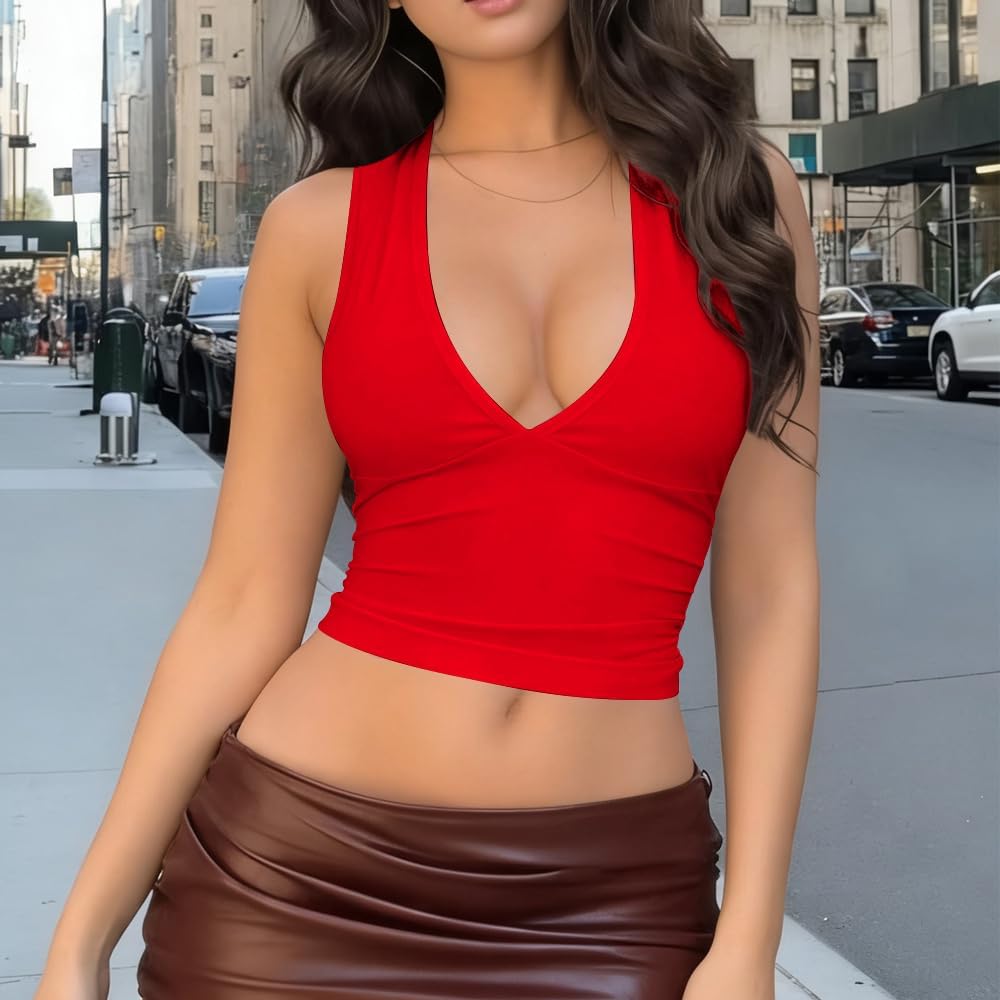 Women's Sexy Deep V Neck Tops Summer Sleeveless Slim Fit Y2k Going Out Tank Tops - Image 5