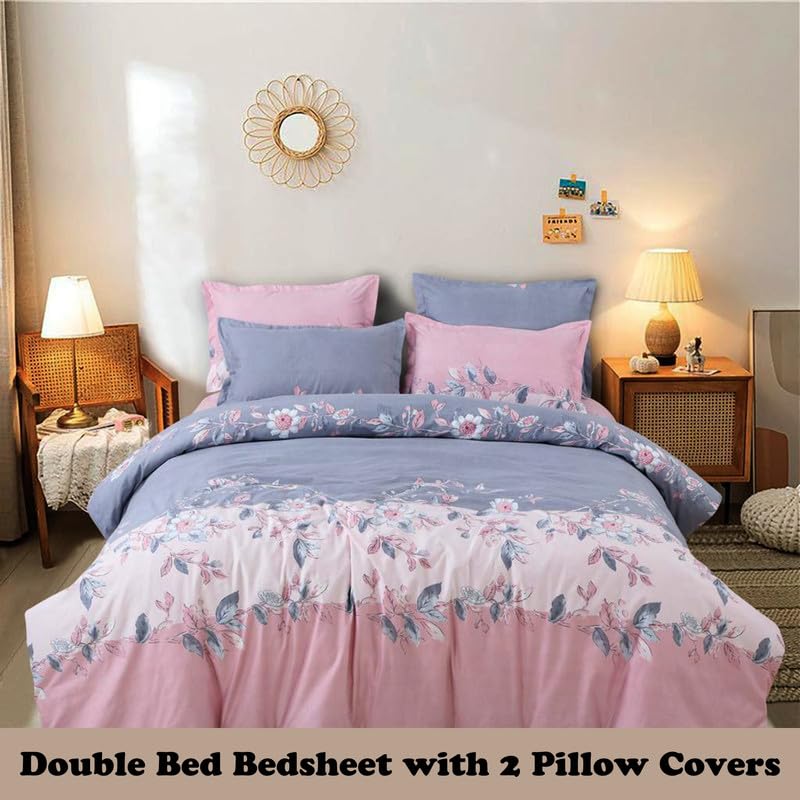 Image of Polycotton Double Bed Bedsheet, Flat Sheet with 2 Pillow Covers, Queen (90x100 inch), 300 TC, Pink & Blue, Set of 3