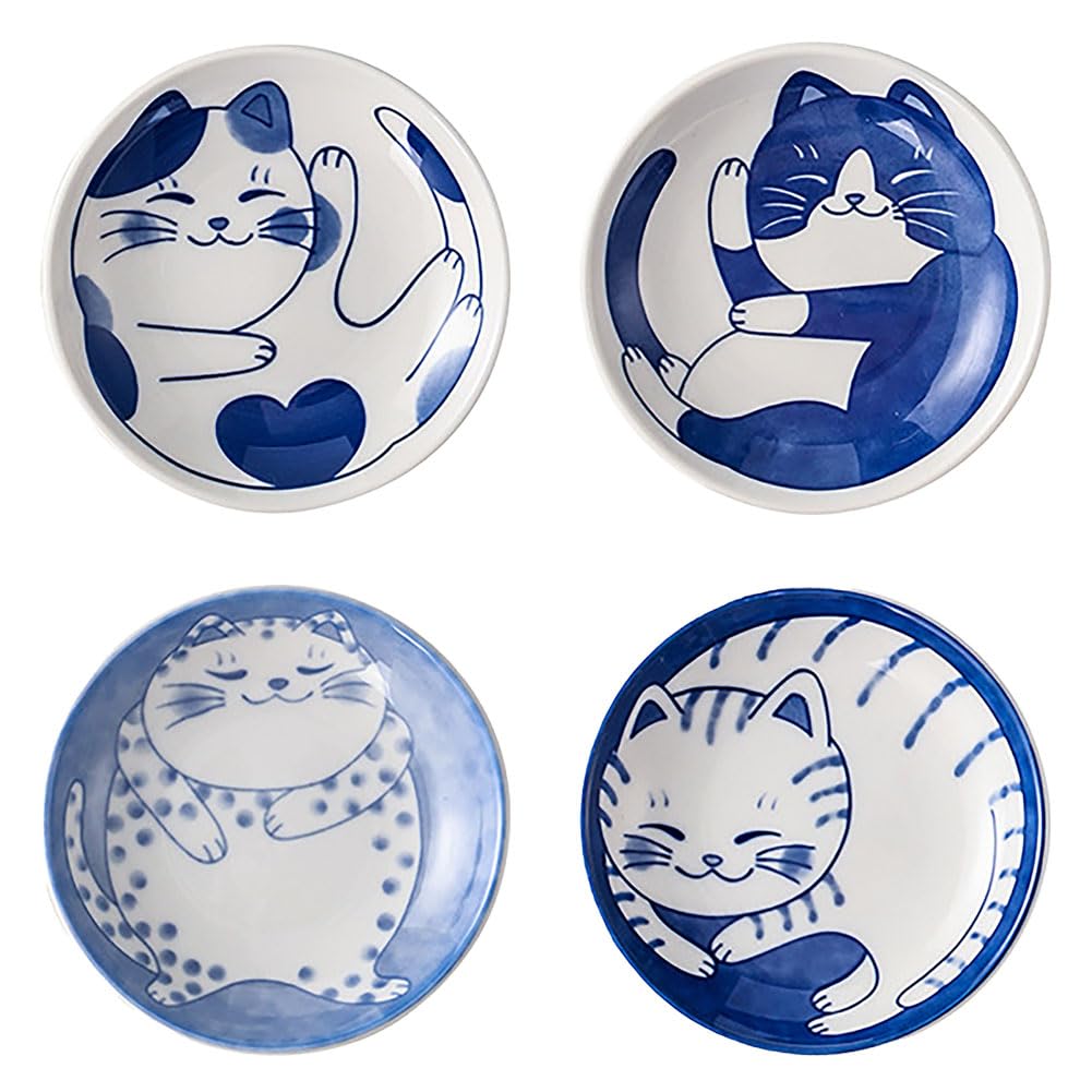 Cute Cat Soy Sauce Plate Set of 4, Japanese Ceramic Cat Bowls - Small 4 Inches Set for Appetizer, Dessert, Sushi - Serving Dish Set of 4