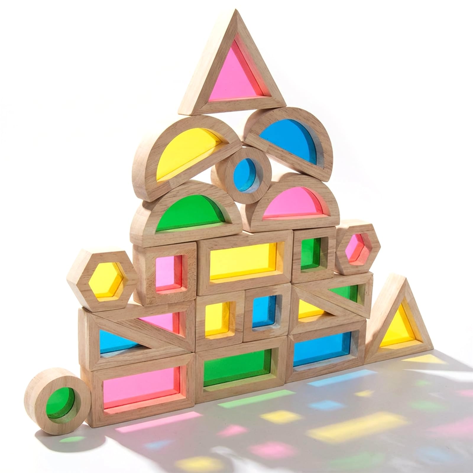 WOODENFUN 32 Pièces Blocs de Construction Arc en Ciel Acryliques Montessori Jouet pour Enfants en Bois de Caoutchouc Blocs Acryliques Transparents Arc en Ciel (22pcs)