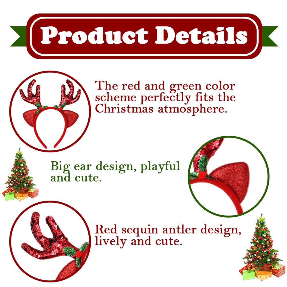 nafengldf Sequined Reindeer Headband for Women & Girls -Christmas headband- Glitter Christmas Antler Headpiece with Floral Decor for Xmas Party Cosplay Festive Hair Accessories (Red 1 PC) - Image 3