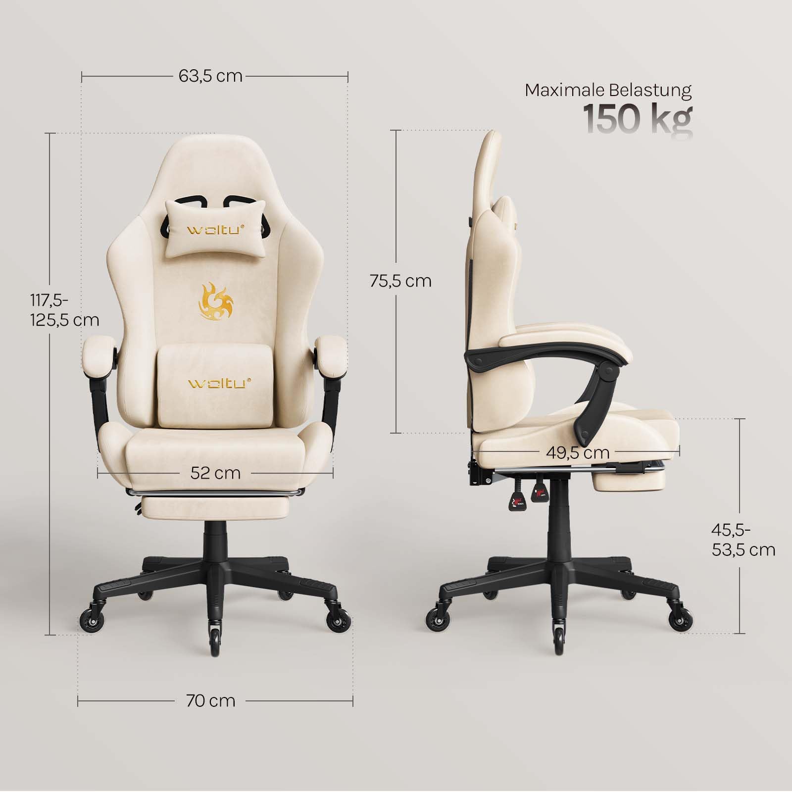 WOLTU Gaming Stuhl ergonomisch, mit Verstellbarer Rückenlehne, Bürostuhl drehbar mit Armlehenen, Fußstütze, Lendenstütze, Kopfstütze,Beige