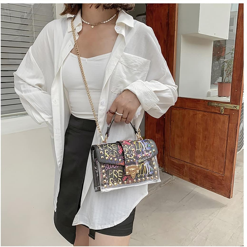 PU Leather Graffiti Shoulder Crossbody Rivet Square Snake-shaped Pattern Chain Bag - Image 4