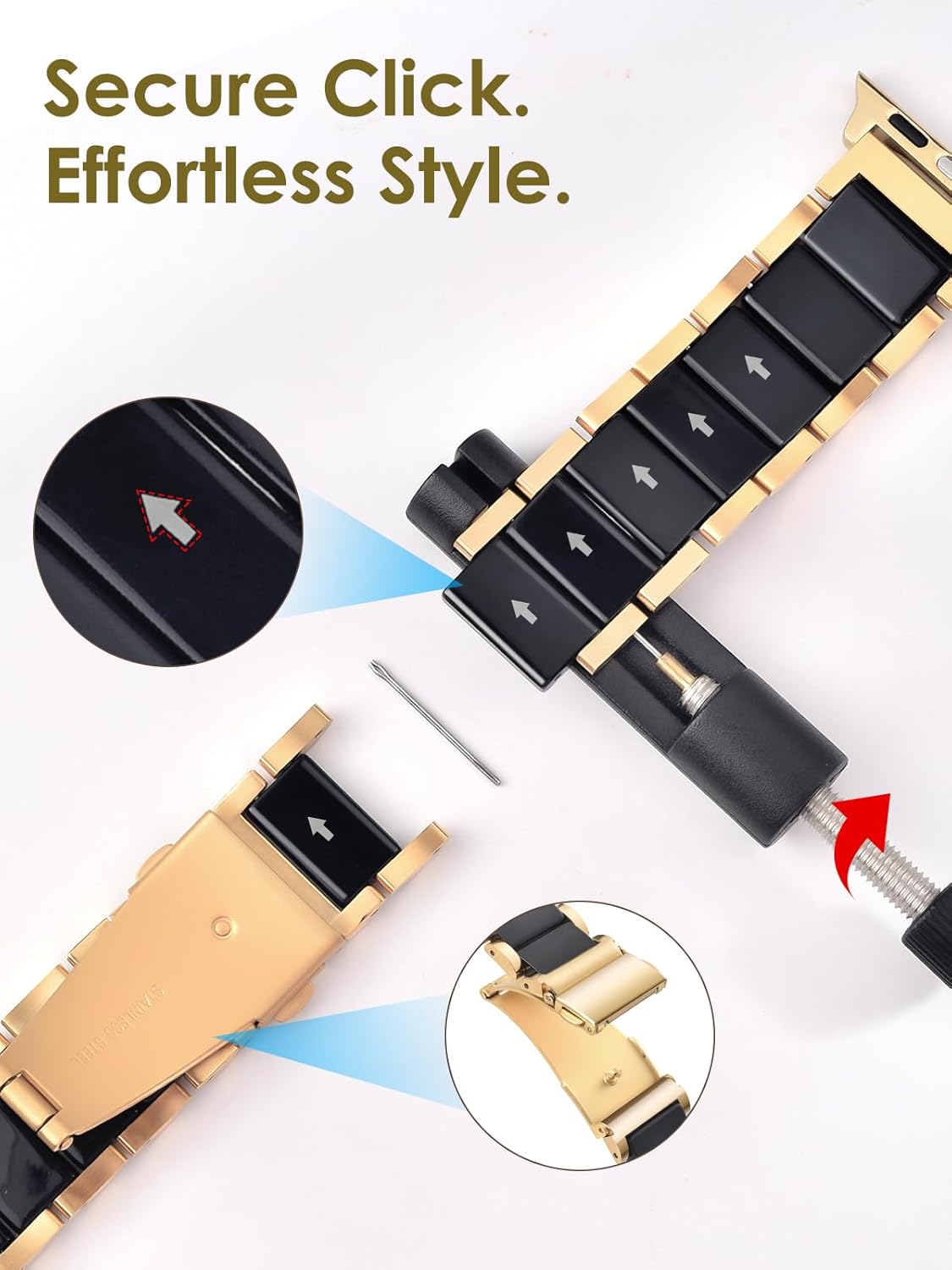 V.R.HOPE Gold Stainless-Steel Metal Resin Apple Watch Band 38mm 40mm 41mm 42mm Fashion Bracelet Strap for Women Compatible with iWatch Series 11/10/9/8/7/6/5/4/3/2/1/SE (Black+Gold) - Image 7