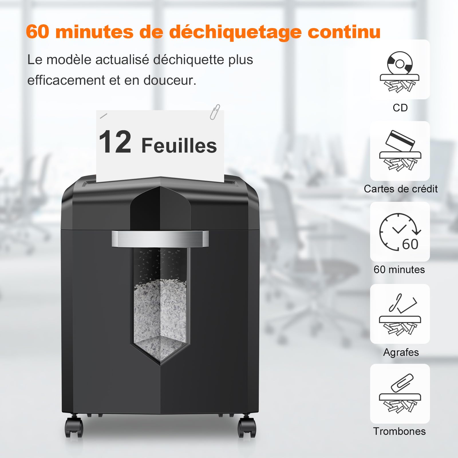 Bonsaii Destructeur de Documents 12 Feuilles Micro-Cut 60 Minutes 16 Litres C266-B