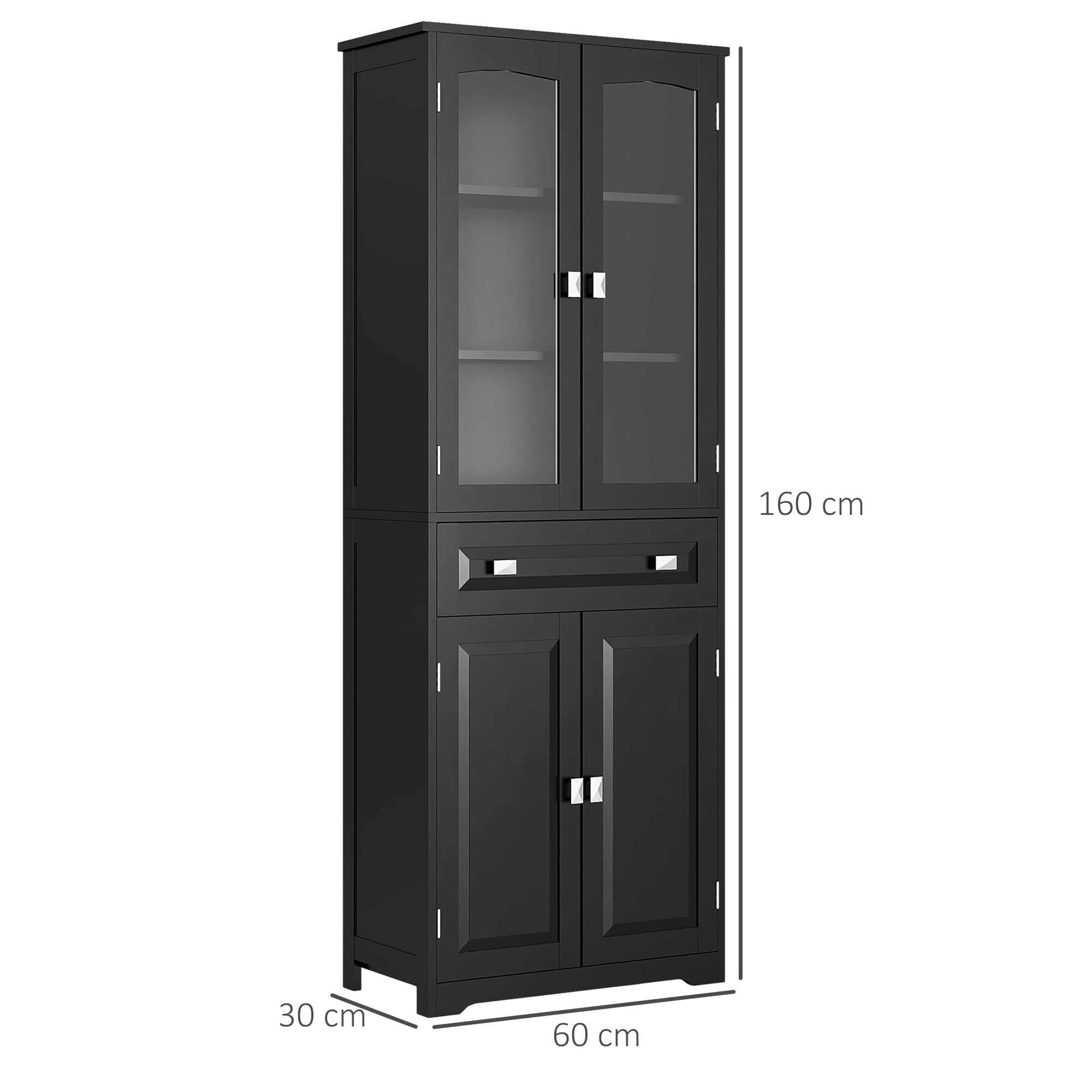 HOMCOM Armoire de Cuisine Buffet Haut 160 cm Noir | 4 Portes dont 2 Portes Vitrées, 1 Tiroir, Étagères Réglables