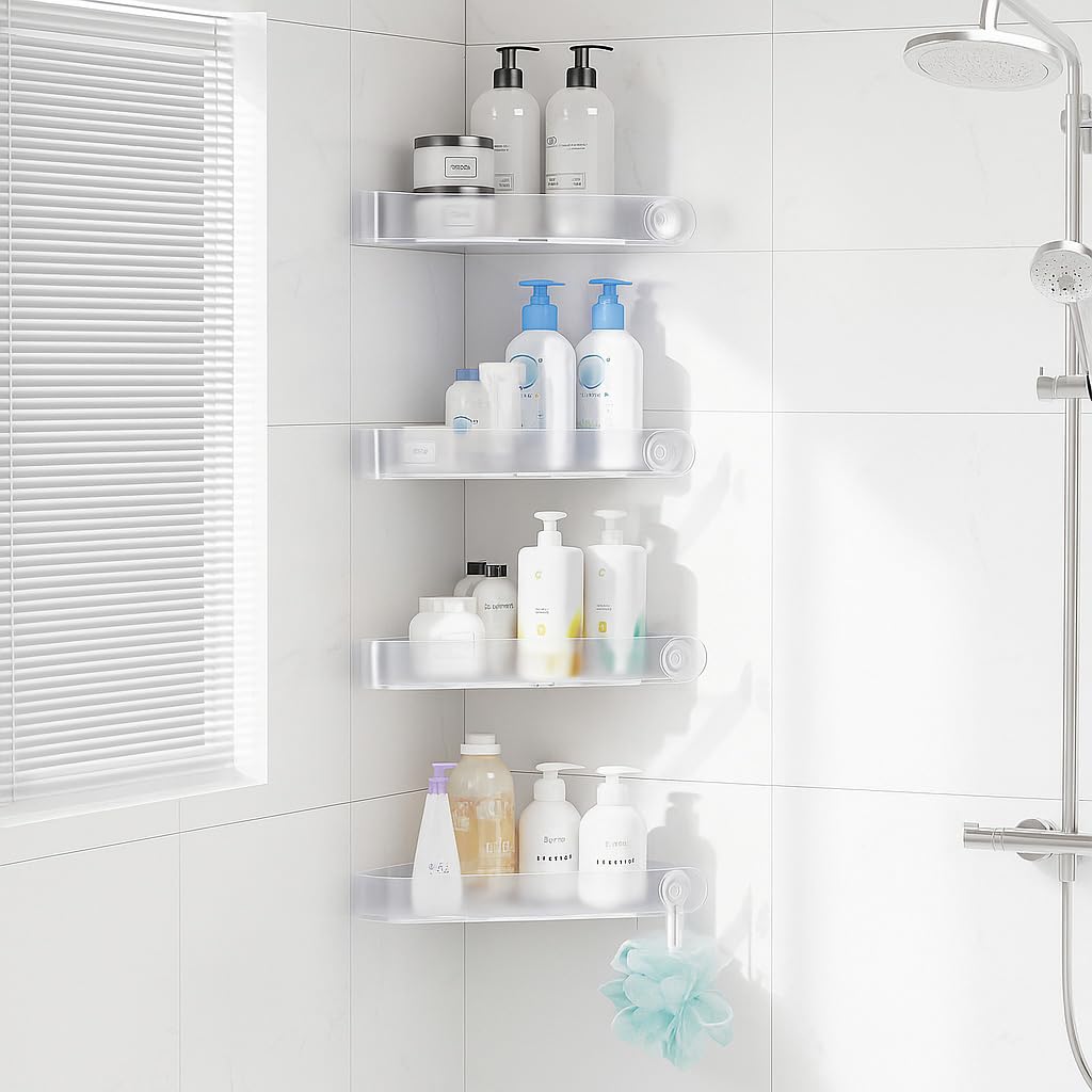 Sotfamily 4 Piezas Estanteria Ducha Sin Taladro, Estante Baño de Esquina Cesta, Plastico Extraíbles Estanterias, Estante Ducha con 6 Ganchos autoadhesivos, Estanteria Baño Autoadhesivos, Helado Claro