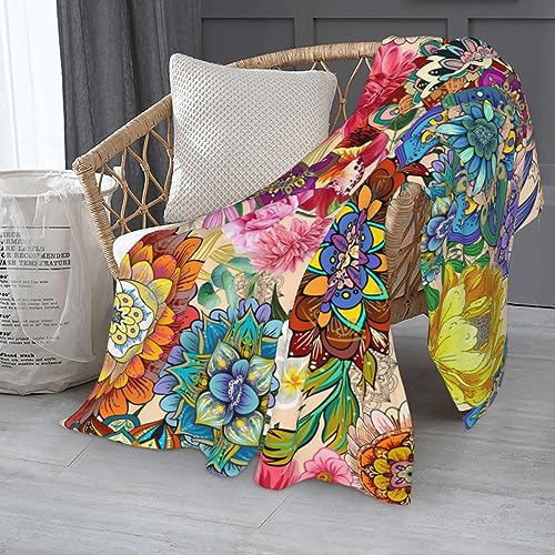 Bapcoku Boho Floral Flannel Blanket Colorful Flowers Throw Blanket Soft Warm Lightweight Mandala Blanket For Sofa Couch Bed Travel Home Decor 60 Inchx50 Inch thumb #4