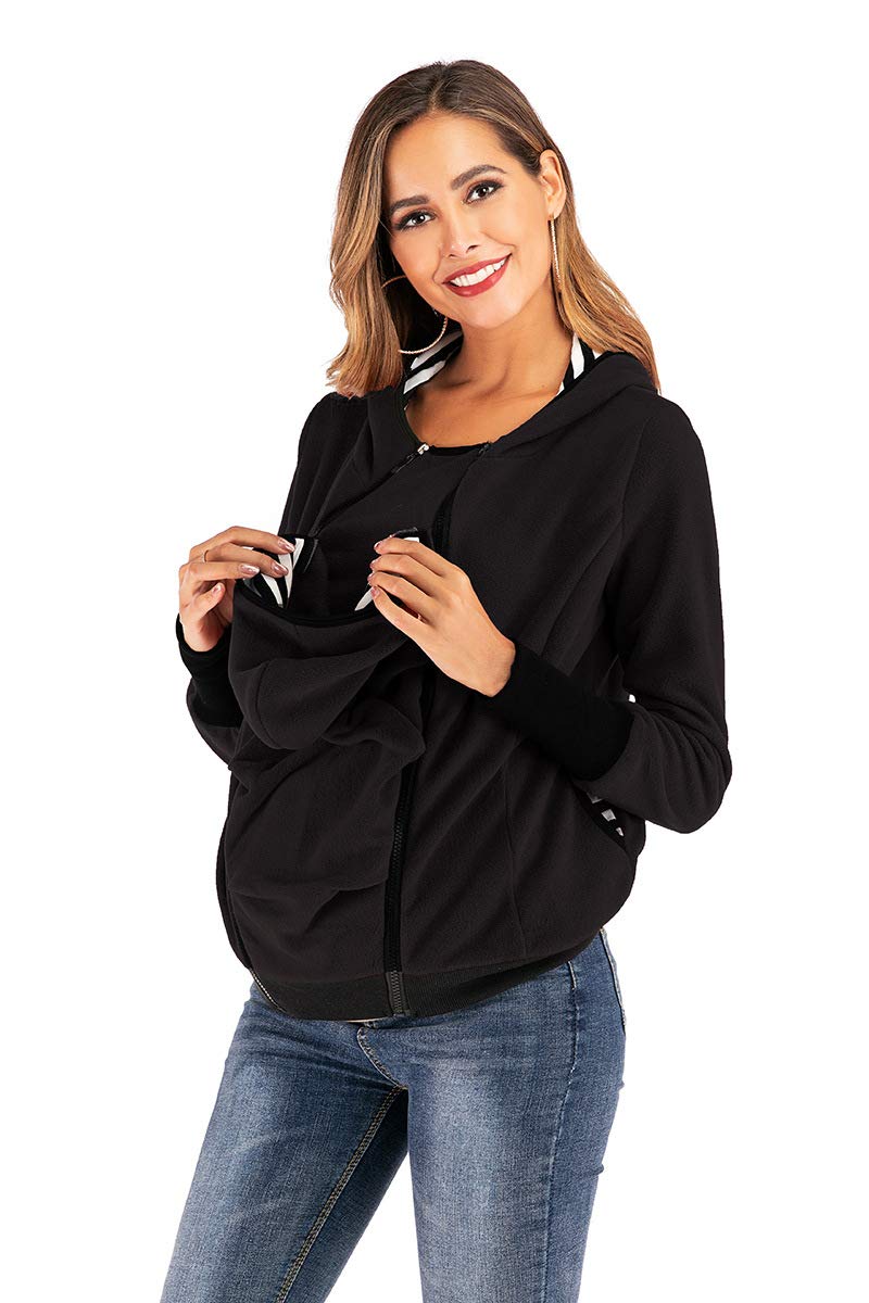 Veste De Transport pour Maman Et Bébé 3 en 1 Polaire Veste Kangourou Softshell Maternité Blouson À Capuchon Femme Maternité Warm Porter des Chandails avec Insert Bébé (Noir,L)