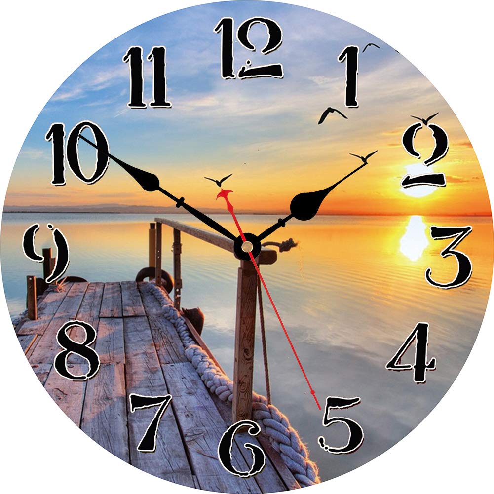 VIKMARI14 Inch Silent Non-Ticking Wooden Round Wall Clock Big Arabic Numerals Wall Clocks Sunset by The Sea Beach Pattern Clock Battery Operated Home Decor Hanging Clocks
