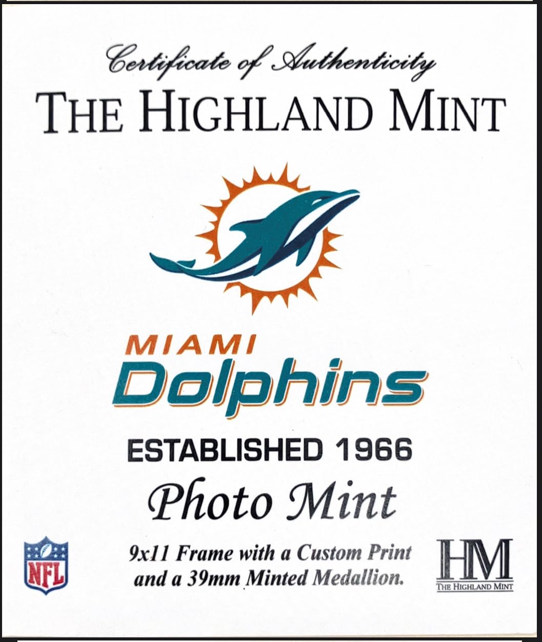 Highland Mint NFL Miami Dolphins 22,9 x 27,9 cm Stadionmünze Foto Mint