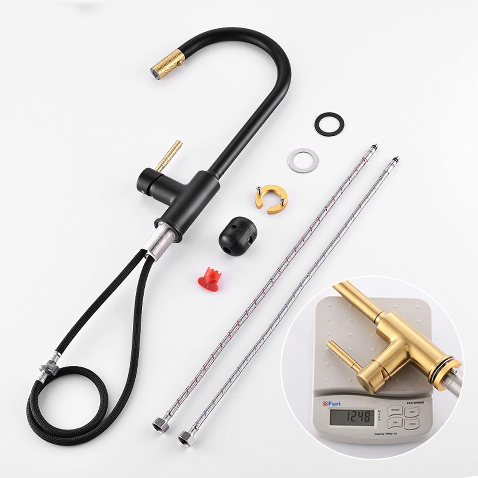 CMBSSTFC Grifo para grifos de baño de Cocina, Grifo de Fregadero abatible Monomando de latón Macizo con rociador de 2 Modos, Mezclador Giratorio de Arco Alto para Agua fría y Caliente, Oro Negro