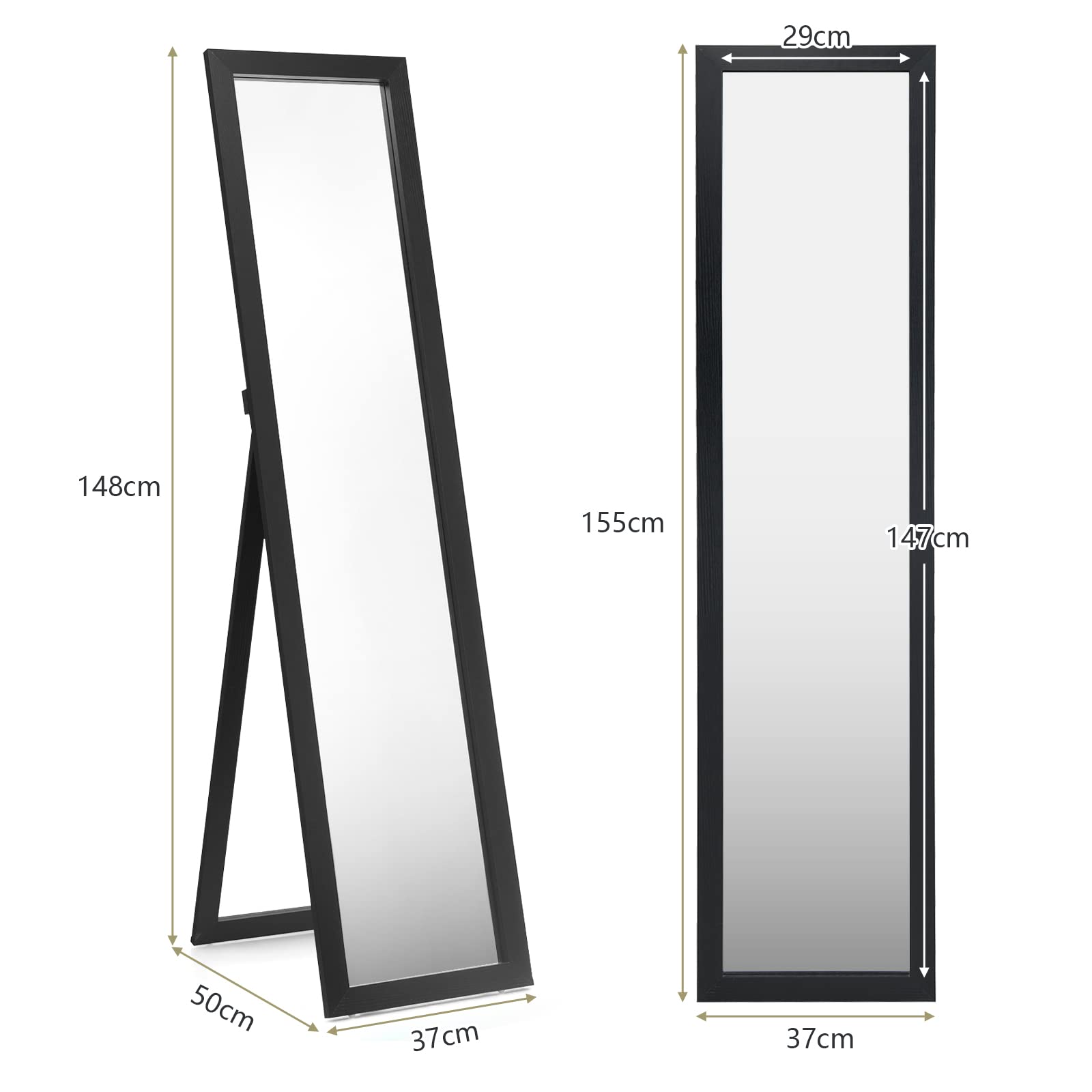 GIANTEX Miroir sur Pied Mural Design 2 en 1 Cadre en Bois 37 x 155 cm Noir