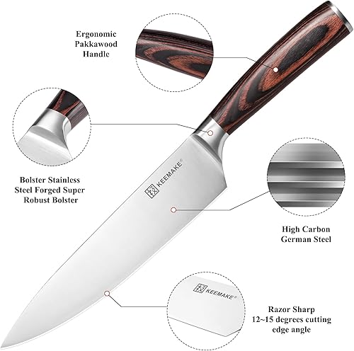 Miniatura 2 de KEEMAKE Cuchillo de chef japonés de 8 pulgadas, cuchillo de cocina japonés con acero inoxidable alemán de alto carbono 1.4116, cuchillo Gyuto con