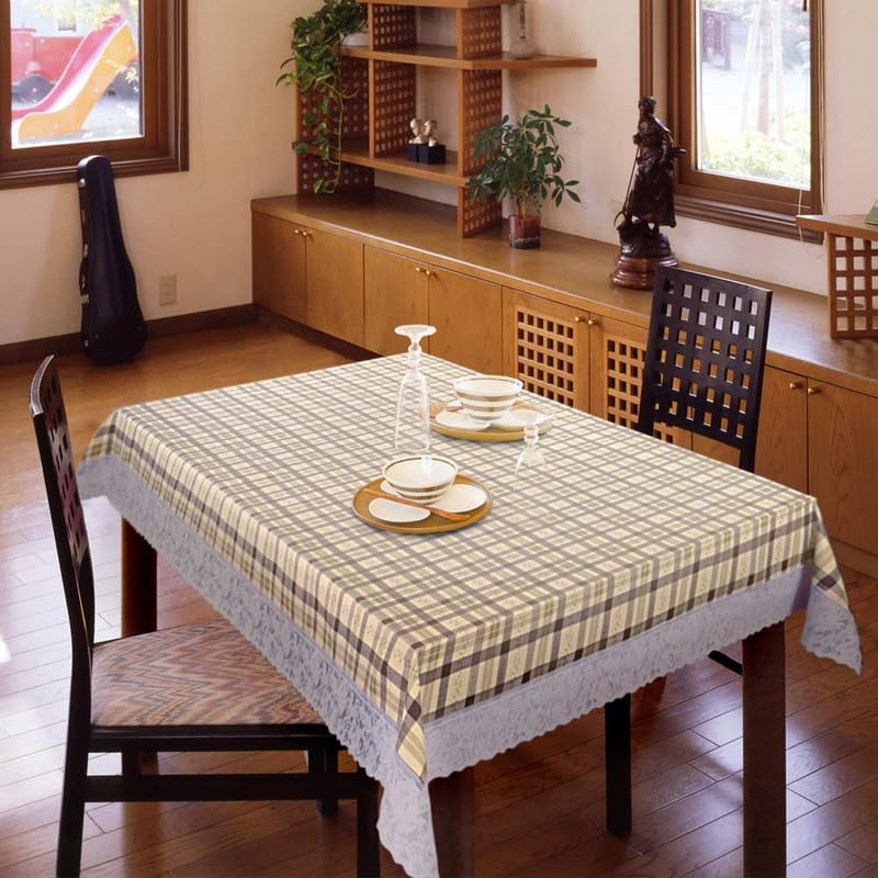 Freelance PVC Vinyl Tuscany Flannel Backing Dining Plastic Table Cover Cloth - Waterproof Protector, 6-8 Seater, Oblong/Oval 60 X 90 inches (with White Border Edge Lace) - Product of Meiwa, Japan
