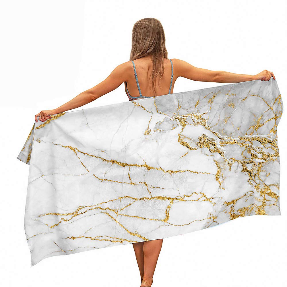 Surwin Girls White Gold Marble Printed Large Beach Towel Microfibre Bath Towel Quick Dry Lightweight Summer Towels For Travel, Swim, Camping, Fitness, Sports, Yoga (,80X160cm)
