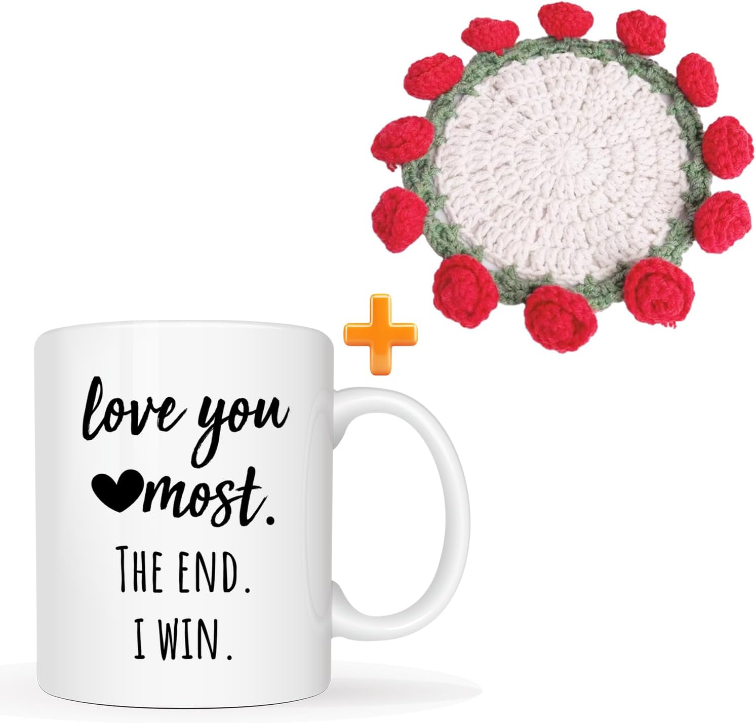 Girlfriend Anniversary, Birthday, Romantic Gift Mug with Handmade Crochet Rose Coaster Christmas - Love You Most The End I Win - Funny Valentines Day Ideal for Him, Her - 11Oz - Image 2
