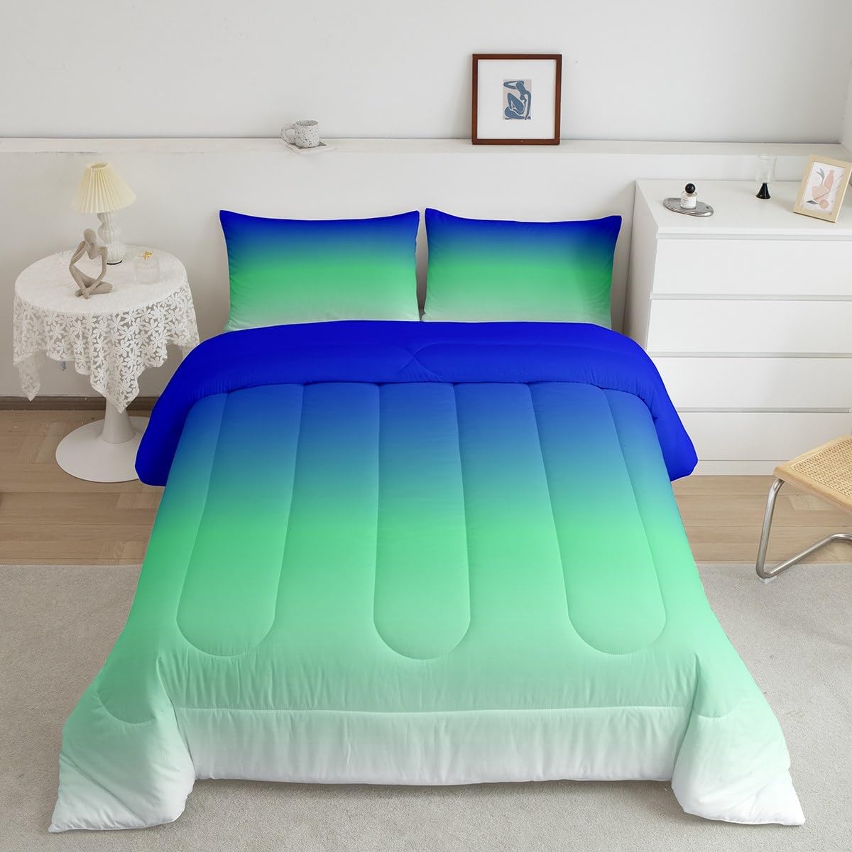 Feelyou Ombre Bedding Set King Size Blue Teal White Comforter Set for Boys Girls Colorful Gradient Comforter Modern Abstract Quilt Set Multi 13 King