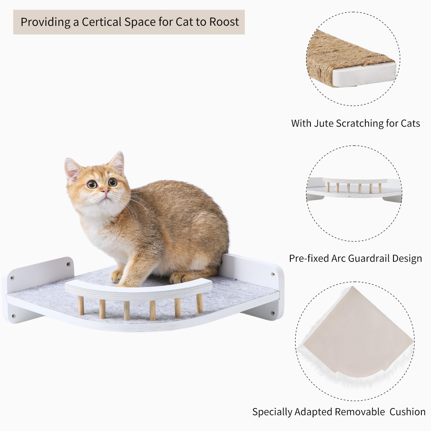 Katzen-Wandregale, 3 Stufen, Kratzbaum & Hängemattenbett, Eck-Katzenmöbel mit Plüschbezogenem Kletterregal für Indoor-Katzen (Weiß)