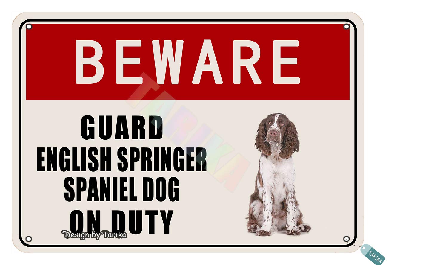 Tarika Red Beware Guard English Springer Spaniel Dog On Duty For Home,Gate,Outdoor,Restaurants,Club,House,Room,Cafe,Pubs,Man Cave,Street,Farm Metal Vintage Tin Sign Wall Decoration 12X8 Inches