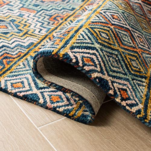 Image of Hand-Tufted Wool Carpet for Living Room 6x9 feet Teal Blue & Navy Geometric Design Anti-Skid High Pile Thick Carpet & Rugs for Bedroom & Hall