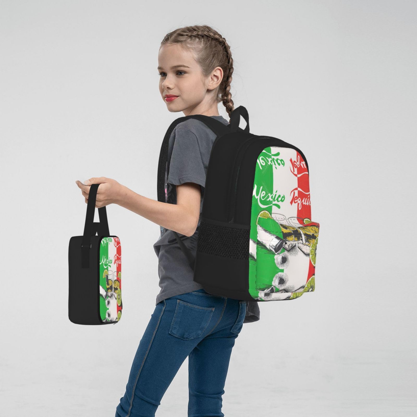 Plecak szkolny z nadrukiem flagi Meksyku i tequili, plecak szkolny o dużej pojemności, wodoodporny plecak na laptopa z izolowaną torbą na lunch i piórnikiem dla nastolatków gimnazjalnych i