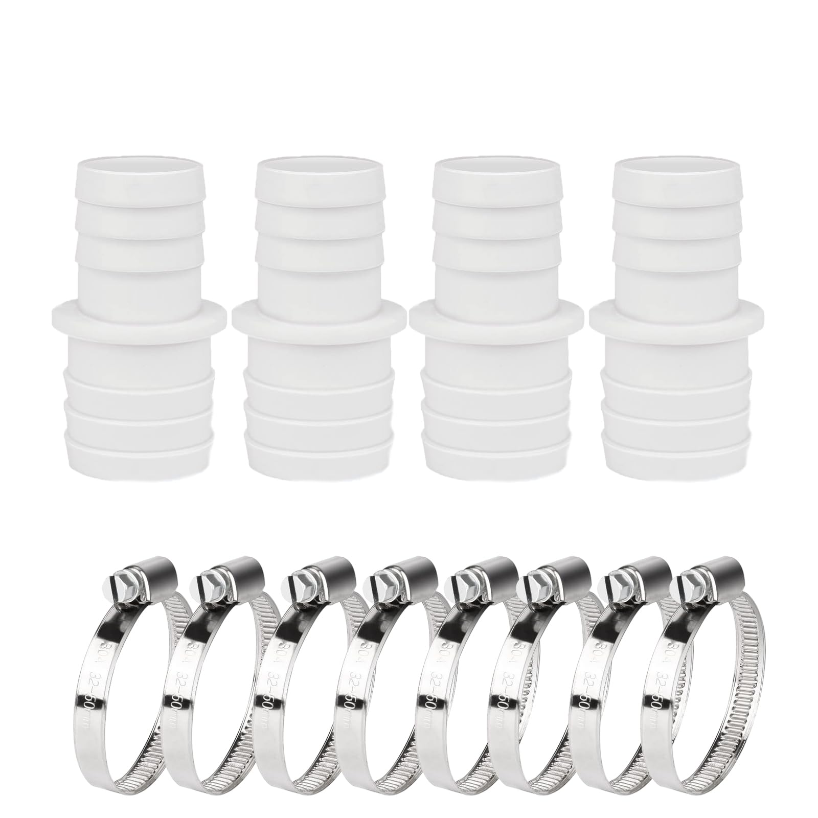 Set of 4 Hose Connectors for Pool Hose 32/38 mm Diameter Set with 8 Stainless Steel Hose Clamps - Pool Hose Adapter - Hose Nozzle for Above Ground Pool and Pool Pump Maintenance