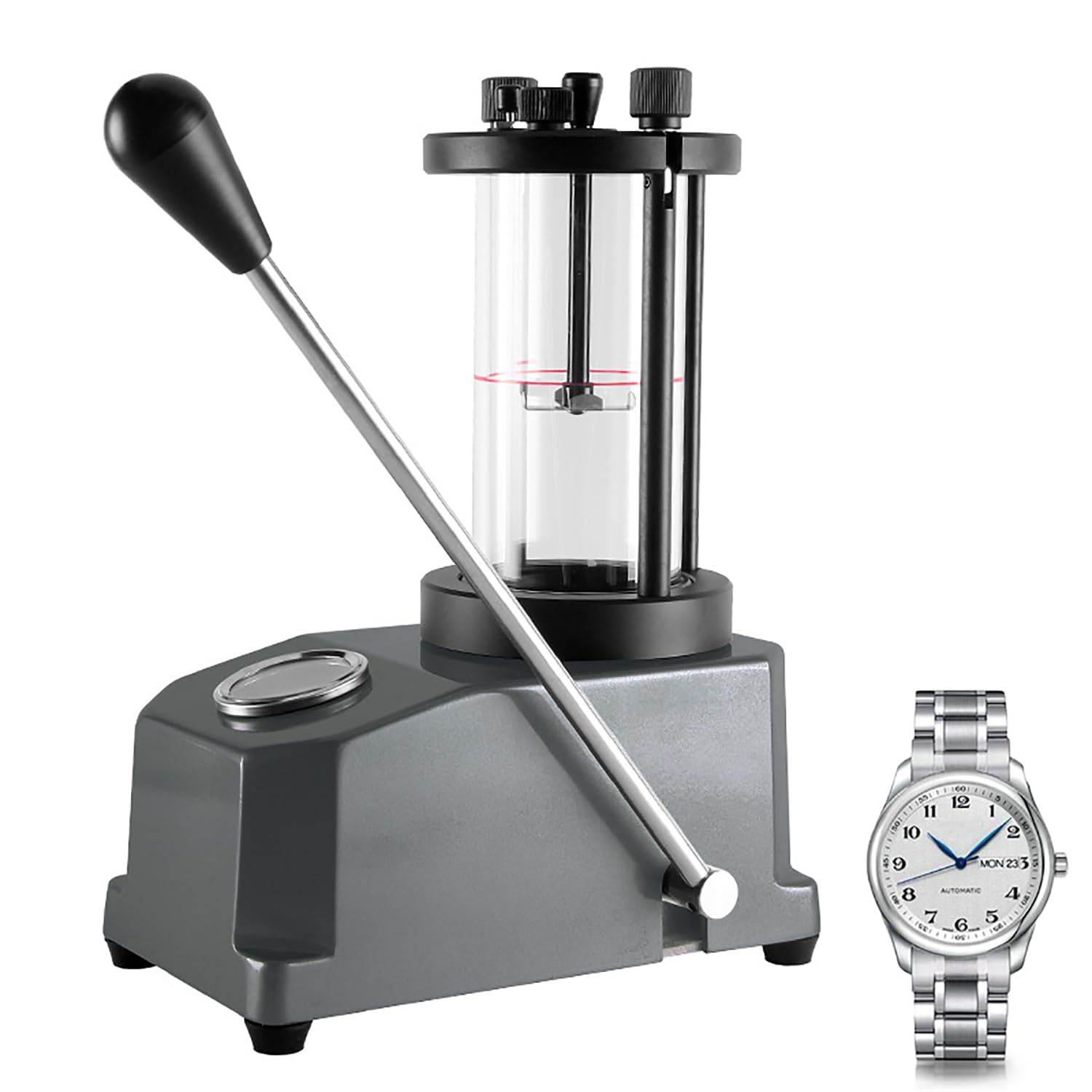 Juego de herramientas de comprobador de presión de reloj con diseño de mango y manómetro, prensa de caja de reloj impermeable, presión ajustable, para reparación de relojes