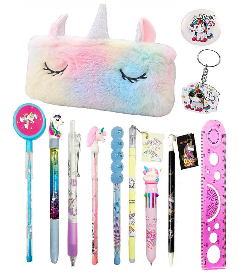 12ps unicorn them designer fancy cute pen pencil for girls with pencil pouch stationery zipper closure case stationeries keychain badge scale birthday gift party favor gift giveaway for girl kids-image-26