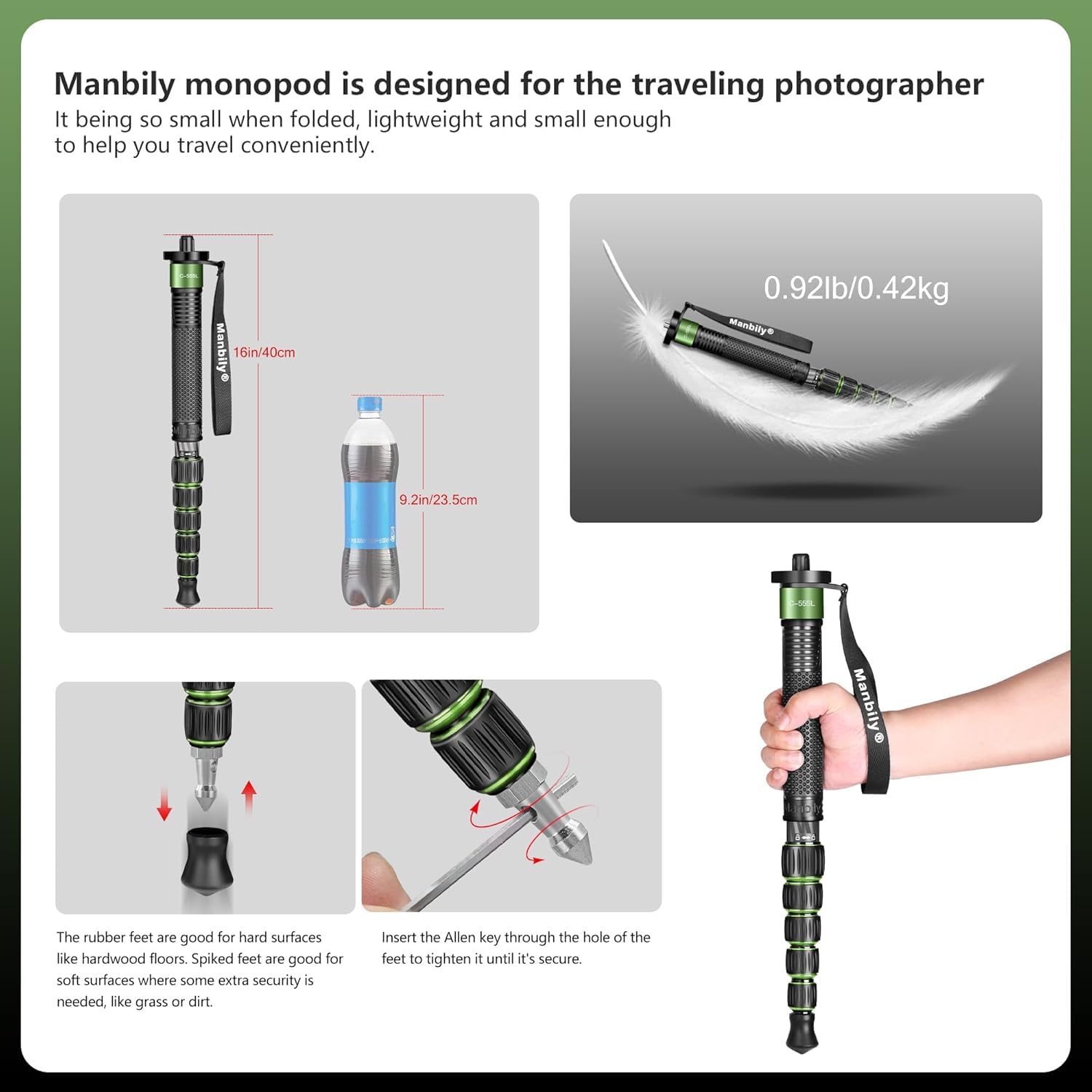 Supporto per fotocamera monopiede Manbily Walking Stick monopiedi per fotocamere in fibra di carbonio portatile compatto da viaggio monopiede Unipod Stick con manico 6 sezioni 65" 7 kg per DSLR Video